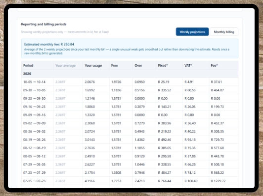 Usage, free water and fees per period.